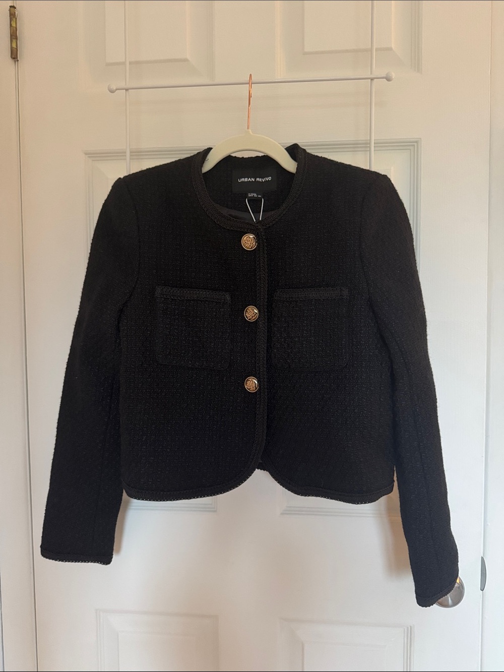 Urban Revivo Cropped Black Tweed Jacket with Gold Buttons